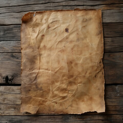 Antique Blank Crumpled Paper on Wooden Table Background