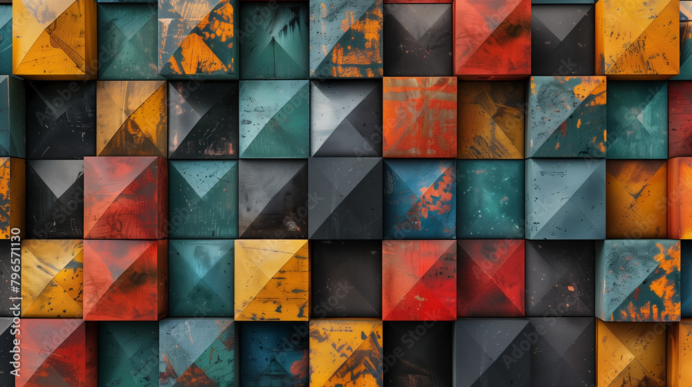 Fototapete Abstract blue background with a seamless pattern of 3D cubes,Colorful Geometric Triangle Mosaic Texture Art