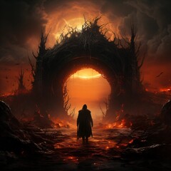 Fototapeta premium a person stands in front of the gate to the hell