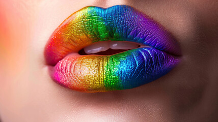 woman lips painted with rainbow lipstick - 796571153