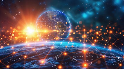 A planet with a sun in the background and a network of lights surrounding it