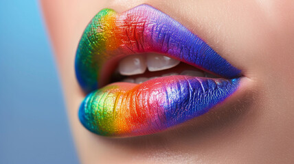 woman lips painted with rainbow lipstick
