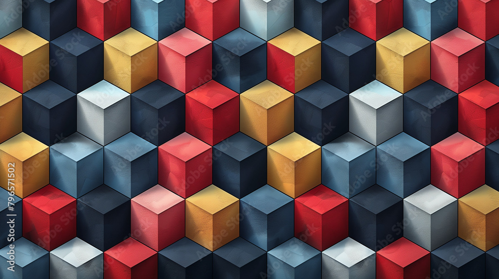 Fototapete Abstract blue background with a seamless pattern of 3D cubes,Colorful Geometric Triangle Mosaic Texture Art