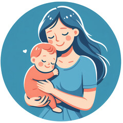 Round design of a mother carrying and embracing her baby - Decorative illustration of maternity and newborn concept isolated on a transparent background