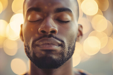 Close up portrait of young man sits with her eyes closed relaxingly praying, meditating in the room,  mental health and relaxation concept - 796571951