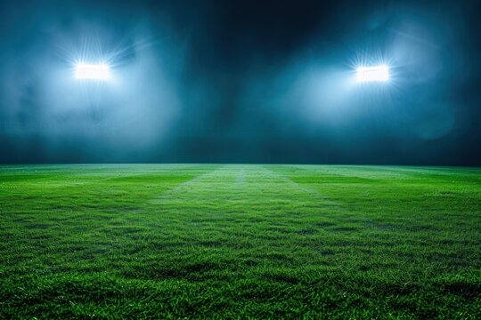 Green football feild with 2 open spotlights outdoors stadium nature