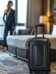 Traveller woman with luggage in business hotel guest room looking out toward city view staying for work travel or vacation trip