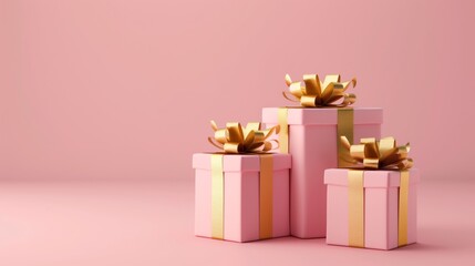 Three pink gift boxes with luxurious golden ribbons on a pale pink background.