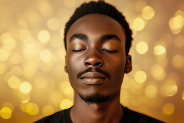 Close up portrait of young man sits with her eyes closed relaxingly praying, meditating in the room,  mental health and relaxation concept - 796572128