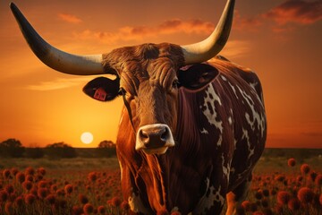 Large bull against the backdrop of sunset rays, a symbol of the state of Texas, bullfighting
- 796572137