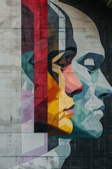 Colorful geometric mural of human profile