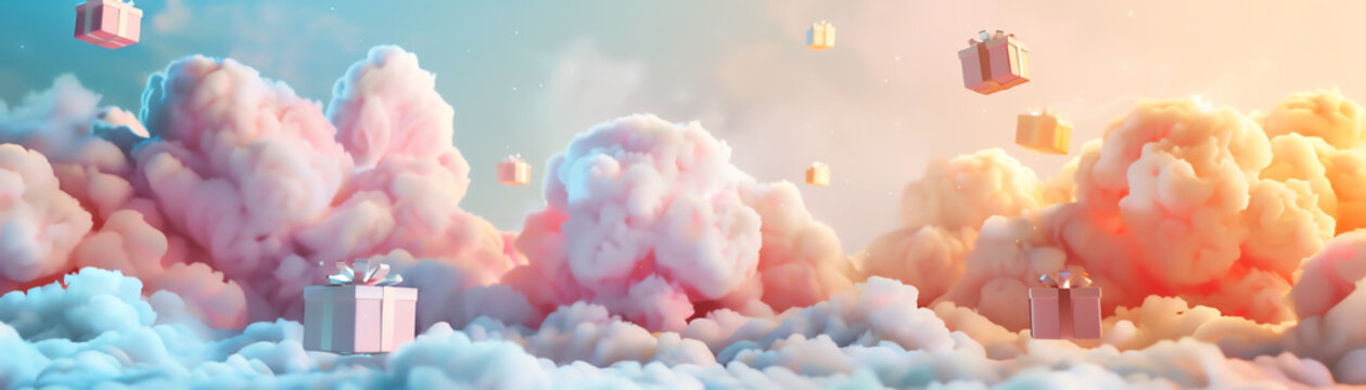 A dreamy scene of gift boxes gently floating on a pastel cloud, set against a soft, vibrant gradient sky
