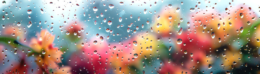 A floralpatterned podium with a soft, artistic blur of raindrops on a window overlooking a garden