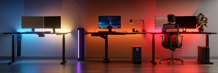 Cyberpunk gamer workspace with computer on the desk and RGB lights