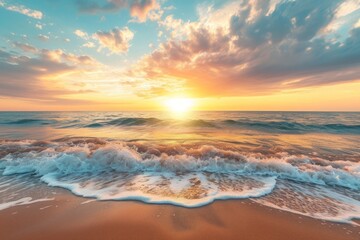 Obraz premium Fall sunset at the beach with seawaves sky outdoors horizon