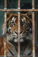 Close-up of a majestic tiger's face looking through the rusty bars of a cage