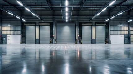 Modern, empty industrial warehouse interior with multiple closed shutter doors and reflective floor. - Powered by Adobe