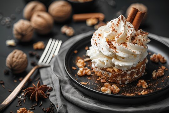 Sweet dessert - vanilla marshmallow (zephyr) on a wooden table with coffee beans, selective focus.. Beautiful simple AI generated image in 4K, unique.