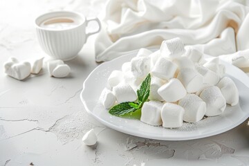 Cream-colored Pavlova meringue lies on a red tray on a wooden old table. Chocolate coated meringue sweets recipe on a brown background. Beautiful simple AI generated image in 4K, unique.
