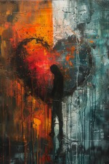 Abstract art of silhouetted figure in sunset hues