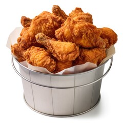 a bucket of fried chicken on a white background