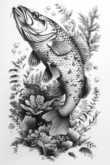 Intricate fish illustration amidst aquatic flora