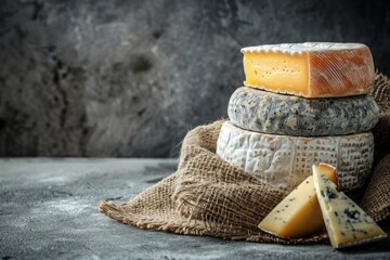 Artisan cheese assortment on rustic background