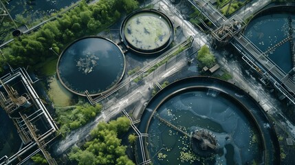 Aerial view of a water treatment plant with circular tanks surrounded by lush greenery.