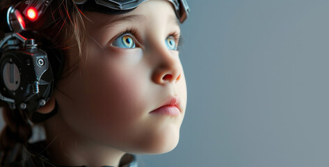 Portrait of a cyborg robot child with technical elements and sensors on his face and head. Concept for the development of a technological new generation of children, banner with copyspace