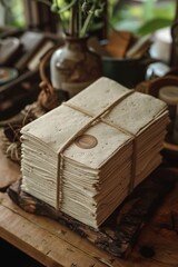 Obraz premium Vintage bound stack of paper on wooden desk