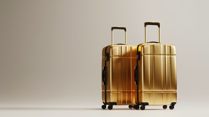 Two metallic gold suitcases with telescopic handles and wheels against a neutral background.