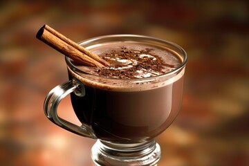 Cup of hot chocolate with cinnamon and cocoa powder on colorful background