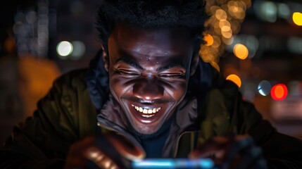 Obraz premium Close up view of a african black man interacting with his smartphone at night in the room.