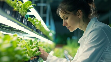 Woman scientist looks at plots of organic hydroponic vegetables being grown in an indoor vertical farm. The concept of analysis, research and development of the future of agriculture - 796574503