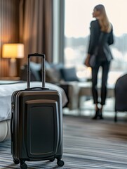Traveller woman with luggage in business hotel guest room looking out toward city view staying for work travel or vacation trip