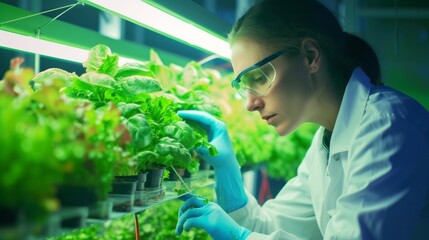 Woman scientist looks at plots of organic hydroponic vegetables being grown in an indoor vertical farm. The concept of analysis, research and development of the future of agriculture
