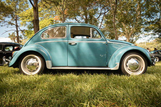 Vehicle Volkswagen Beetle Fusca 1967 on display at the monthly meeting of vintage cars in the city of Londrina, Brazil.