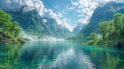 Striking fjord landscape, characterized by crystal-clear turquoise waters, verdant greenery, and rugged mountains partially enshrouded in mist. 