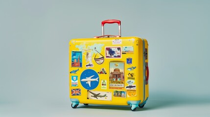 Bright yellow suitcase adorned with colorful travel stickers against a light blue background.