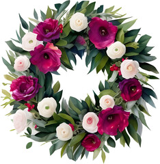 Watercolor bouquet with white flowers, eucalyptus and red anemonous