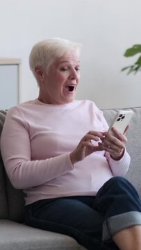 Elderly friendly Caucasian woman using cellphone and receiving good news online, relaxing and resting on sofa at home living room. Vertical video.