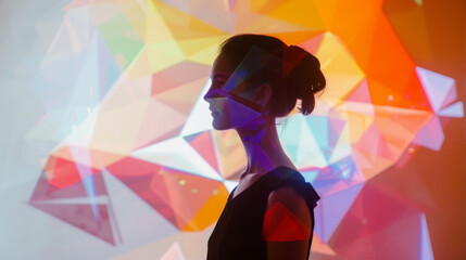 A model stands in front of a blank white wall as colorful geometric shapes dance across her body creating an interactive and dynamic display in this projection mapping fashion