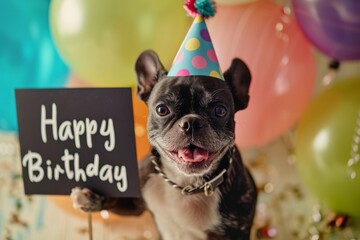 Close up cute funny dog in a festive party hat holds in its paws a sign with the inscription Happy Birthday on a background of balloons - 796576119