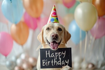 Close up cute funny dog in a festive party hat holds in its paws a sign with the inscription Happy Birthday on a background of balloons - 796576145