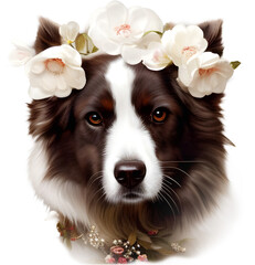 Watercolor dog with bouquets