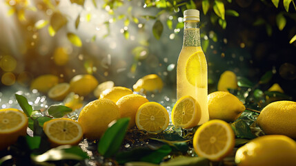 Advertising background with cold drinks for promotion, business and sales. Lemonade with lime and lemon. Beautiful attractive background with bright colorful lighting for presentation.