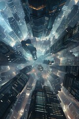A hyper-futuristic cityscape with towering skyscrapers and a bustling atmosphere