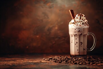 Cup of hot chocolate with cinnamon stick on dark background with copy space