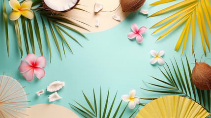 A tropical flat lay with coconuts, frangipani flowers, and palm leaves on a pastel background.