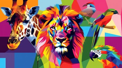 Safari park wildlife WPAP illustration design with Lion giraffe and bird, colorful mosaic design.